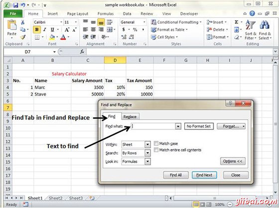 Find Tab in Excel